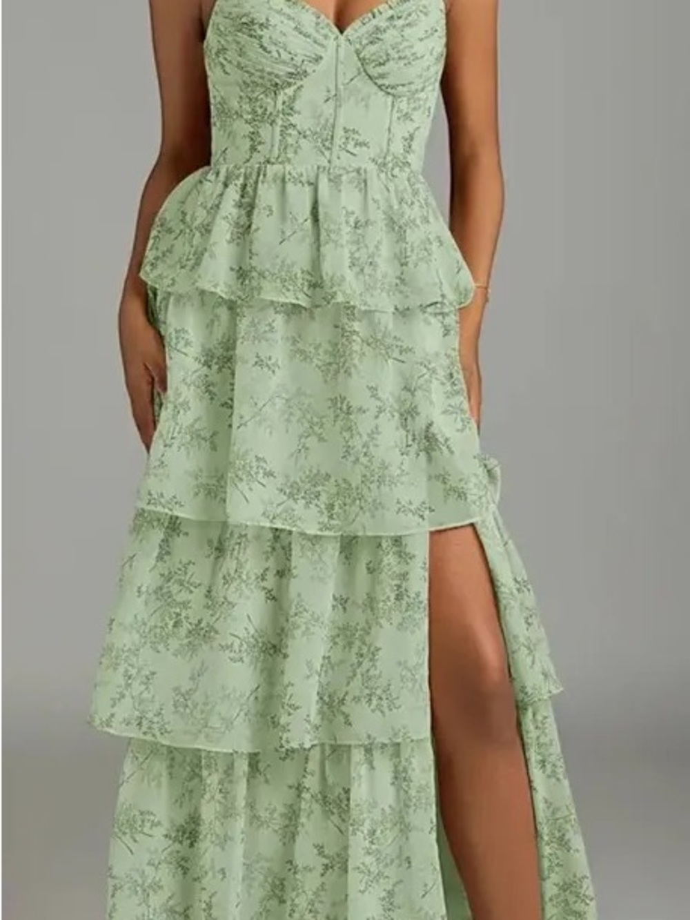 Azazie Mint Green Tiered Floral Maxi Dress with Side Slit